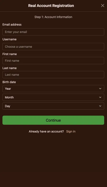 Cocoa Casino registration form step one